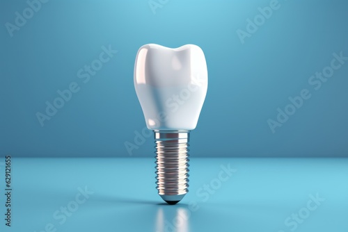 Dental implant, Dental care. Dentists dental teeth implant on blue background.