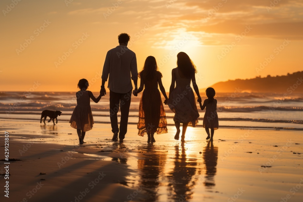 Happy family walking on a beach at sunset. Relax and joy concept. Family trip and vacations