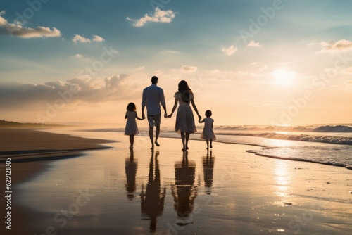 Happy family walking on a beach at sunset. Relax and joy concept. Family trip and vacations © Luisa
