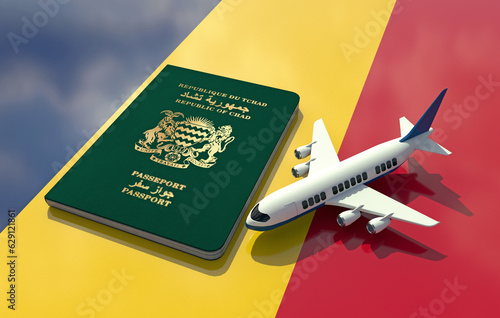 Chad Passport with an airplane on flag 3D Illustration - Chadian