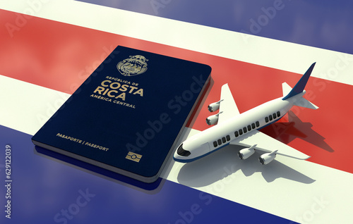 Costa Rica Passport with an airplane on flag 3D Illustration - Costa Rican