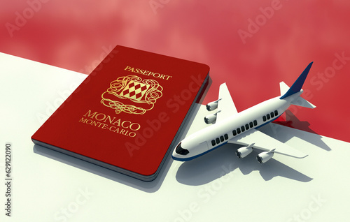 Monaco Passport with an airplane on flag 3D Illustration - Monegasque