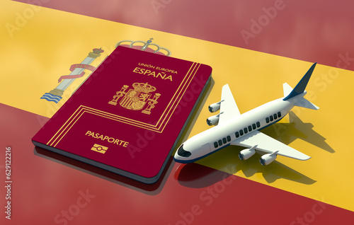 Spain Passport with an airplane on flag 3D Illustration - Spanish
