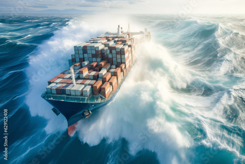 Photo Amidst a raging storm, a resilient shipping vessel sails bravely through the vast expanse of the ocean, conquering the tumultuous waters with determination and strength
