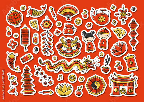Chinese new year Holiday sticker pack. Icons set. Traditional design elements...