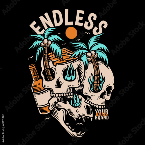 skull head illustration with beer bootle and palm trees, summer illustration design for apparel