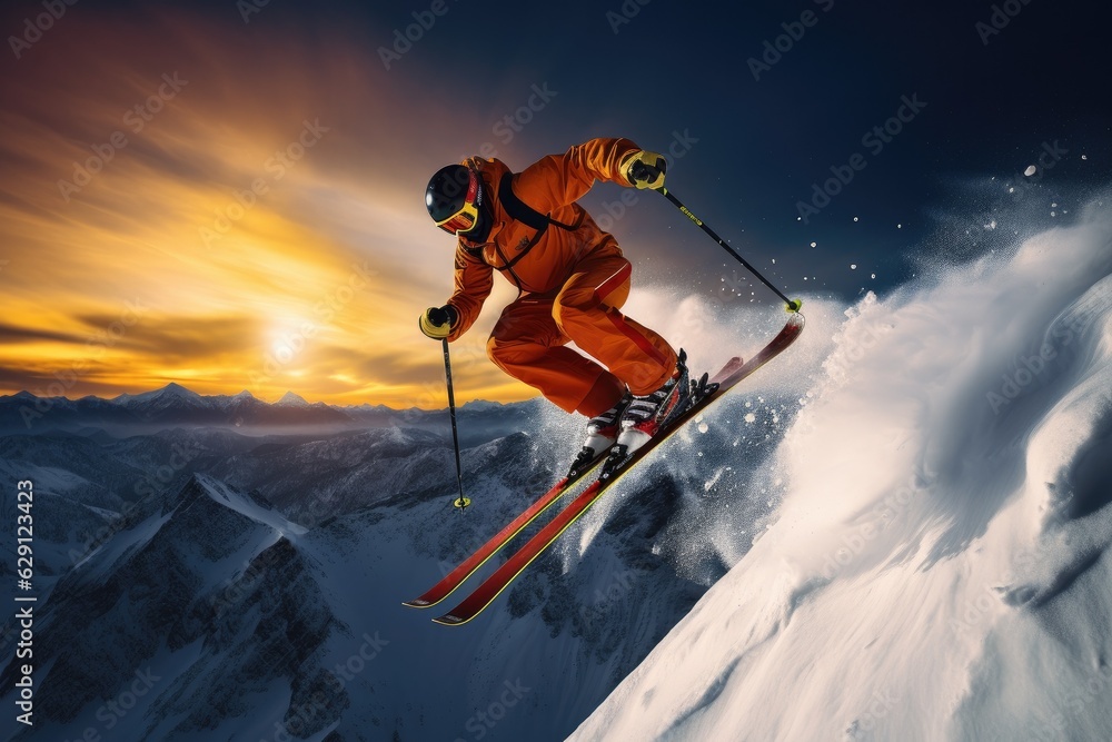 Skier jumping in the snow mountains on the slope with his ski and professional equipment on a sunny day Skier jumping in the snow mountains on the slope with his ski and professional equipment on a sunny day
