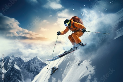 Skier jumping in the snow mountains on the slope with his ski and professional equipment on a sunny day