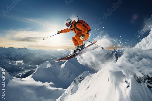 Skier jumping in the snow mountains on the slope with his ski and professional equipment on a sunny day © ChaoticMind
