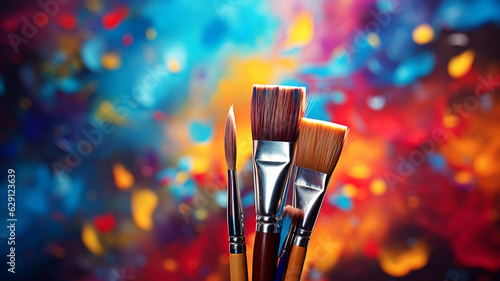 Paintbrushes over colorful abstract artwork. generative ai photo