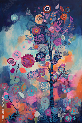 Enchanted Garden: A whimsical garden concept featuring abstract flowers and foliage in vibrant Indigo and Honeycomb tones with hints of pink and purple, abstract art