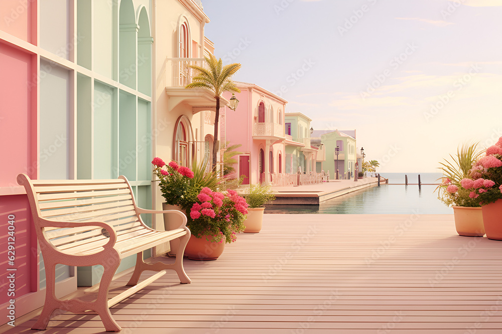 Obraz premium Pastel Boardwalk with Bench and Potted Plants