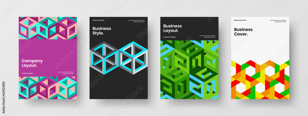 Multicolored pamphlet design vector layout set. Colorful geometric hexagons presentation concept composition.