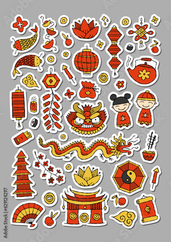 Chinese new year Holiday sticker pack. Icons set in flat style. Traditional d...