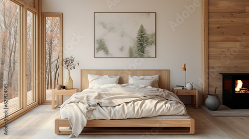 Wooden bedroom and canvas over bed with linens, beige walls and window. Generative AI