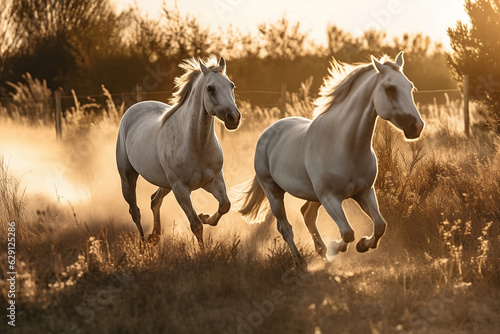 two horses on the meadow. Generative AI.