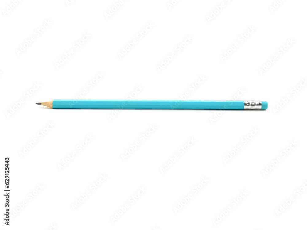 A pencil for writing or drawing blue colour with an eraser isolated on a white background. Close up, with copy space for your text.. A pencil for writing or drawing blue colour with an eraser isolated on a white background. Close up, with copy space for your text..