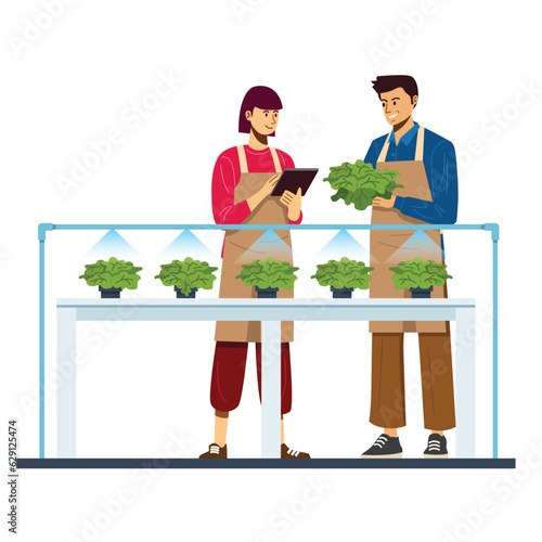 Agriculture technology, couple farmers checking vegetables in the glasshouse