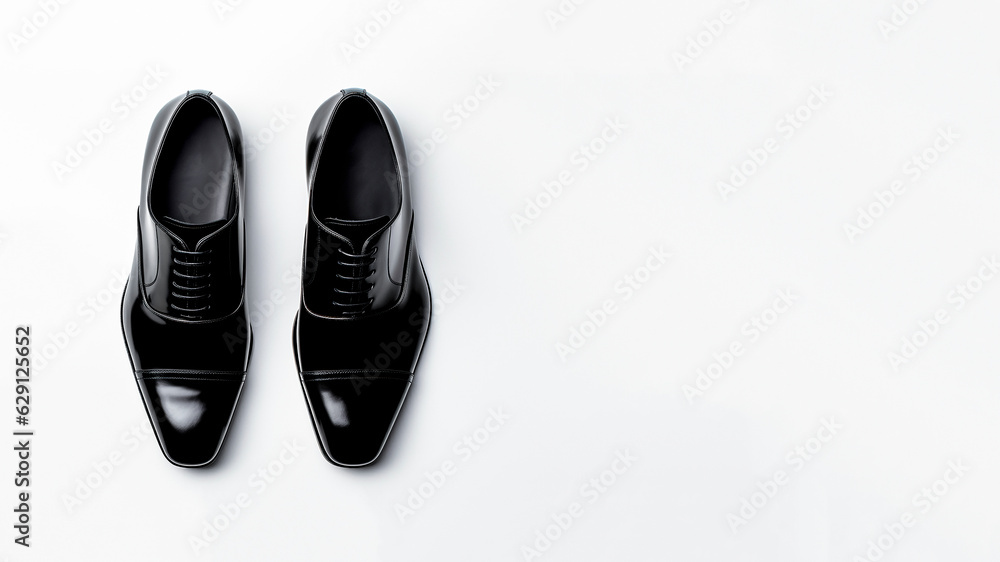 Men’s Polished Leather Dress Shoes on White Background. Copyspace, Flat lay, Formal Footwear, Elegant Style, Business Fashion Concept. Men’s Polished Leather Dress Shoes on White Background. Copyspace, Flat lay, Formal Footwear, Elegant Style, Business Fashion Concept.
