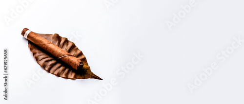 A cuban cigar on a tobacco leaf with white background with copy space for text. photo