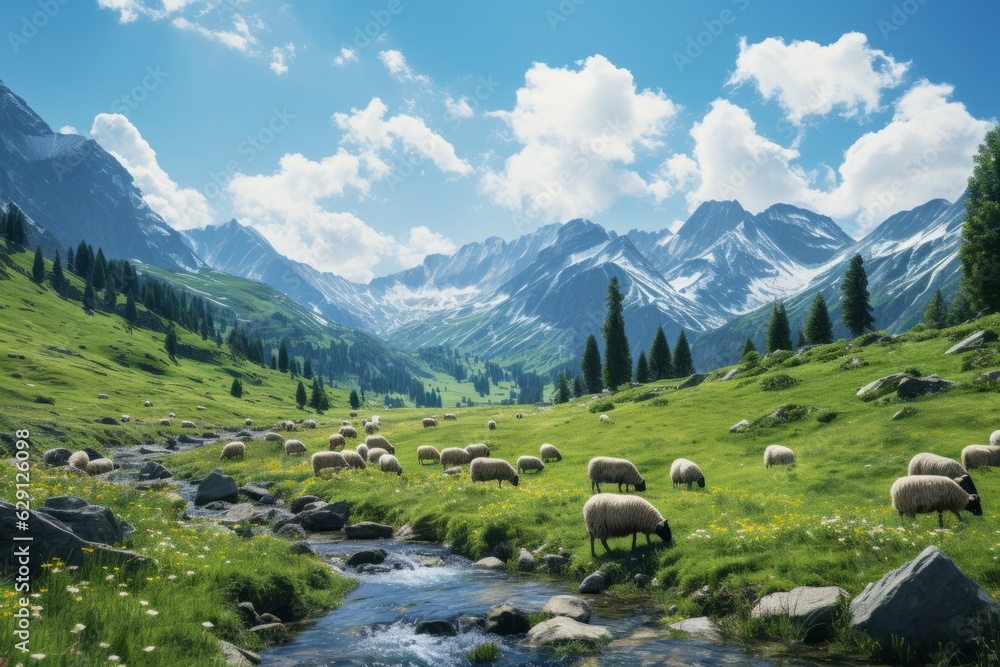 Pristine Alpine Meadow with Grazing Wild Animals, Generative AI