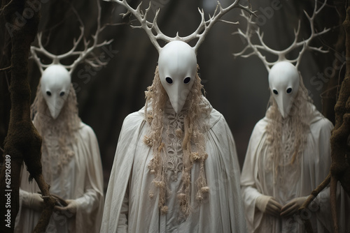 Mysticism, sacrament, ritual, esoteric concept. Mystical faceless sinister religious group of people cult in masks with horns and robes in the forest photo