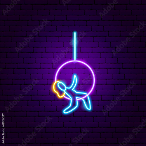 Aerial Gymnast Neon Sign. Vector Illustration of Entertainment Festival Glowing Symbol.