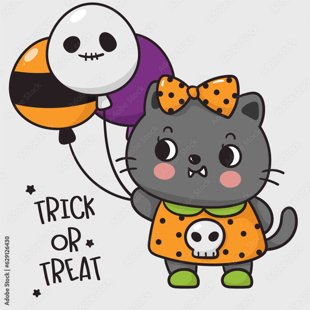 Halloween cat card with balloon kawaii animal Halloween cat card with balloon kawaii animal