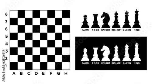 The illustration sets of chess sports games such as a table, point coordinate, and chess pieces like pawns, rooks, knights, bishops, queens, king