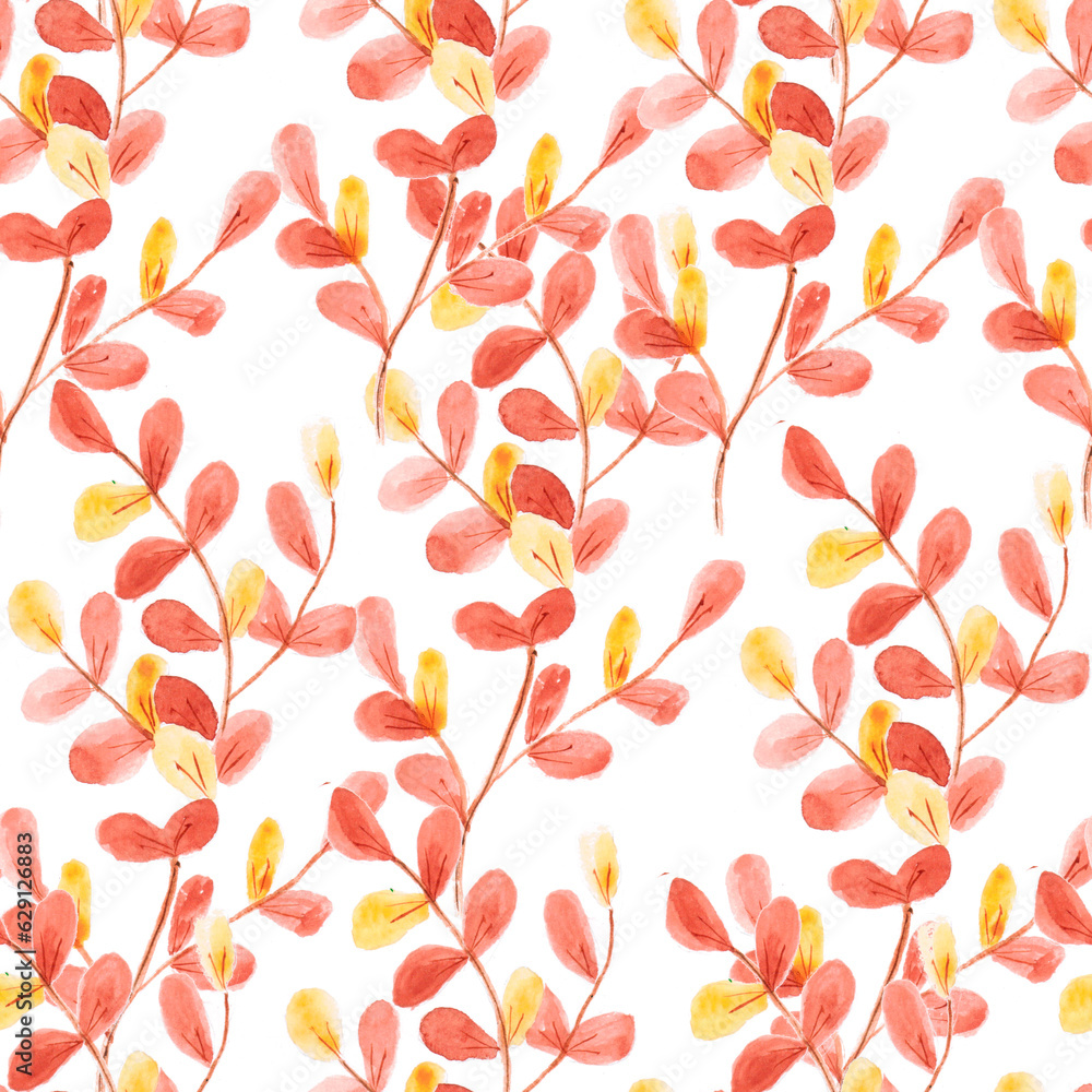 watercolor drawing, seamless pattern with yellow and brown leaves and twigs watercolor drawing, seamless pattern with yellow and brown leaves and twigs