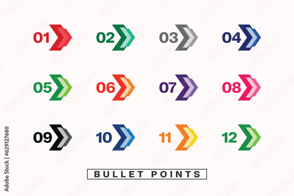 vector arrow design directional bullet points numbers from one to twelve  - obrazy, fototapety, plakaty 