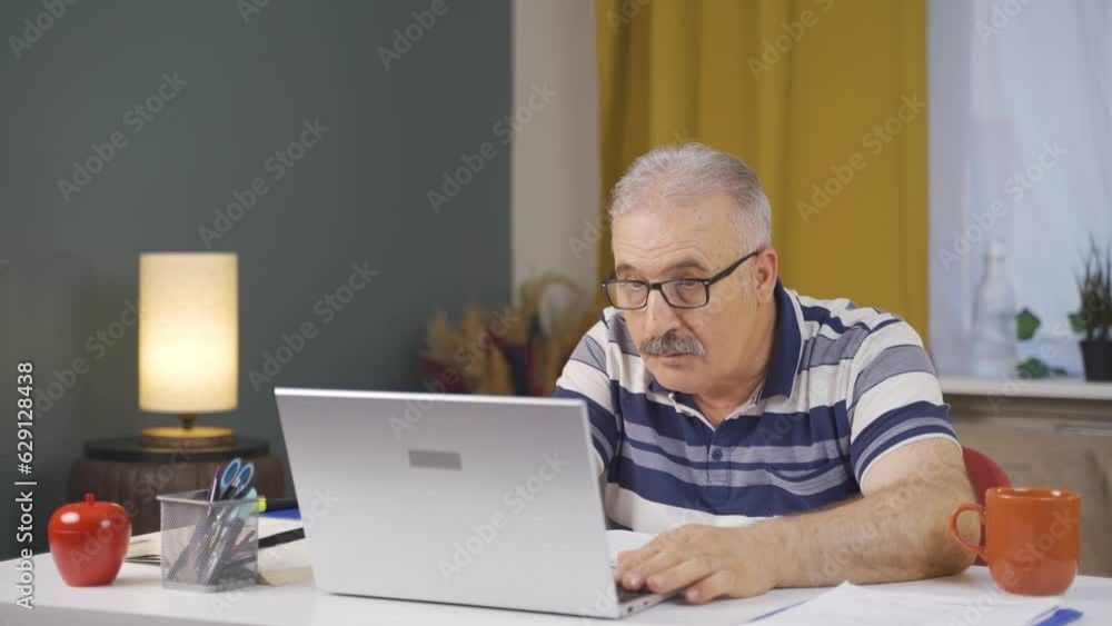 Home office worker old man confused and thoughtful. Home office worker old man confused and thoughtful.
