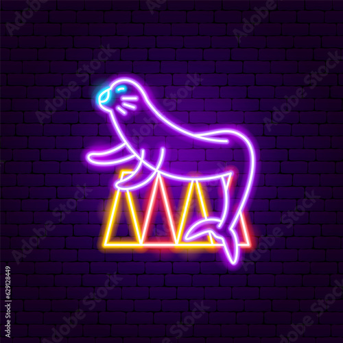 Seal Pedestal Neon Sign. Vector Illustration of Entertainment Festival Glowing Symbol.