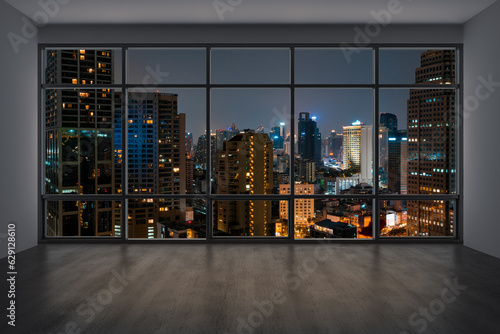 Empty room Interior Skyscrapers View Bangkok. Downtown City Skyline Buildings from High Rise Window. Beautiful Expensive Real Estate overlooking. Night time. 3d rendering. © VideoFlow