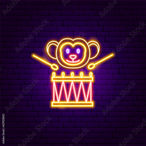 Monkey Drum Neon Sign. Vector Illustration of Entertainment Festival Glowing Symbol.