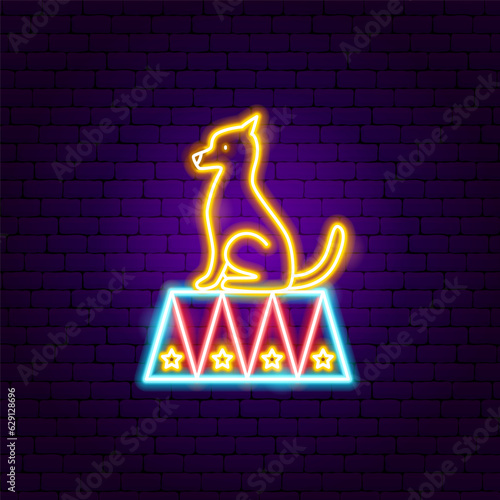 Dog Pedestal Neon Sign. Vector Illustration of Entertainment Festival Glowing Symbol.
