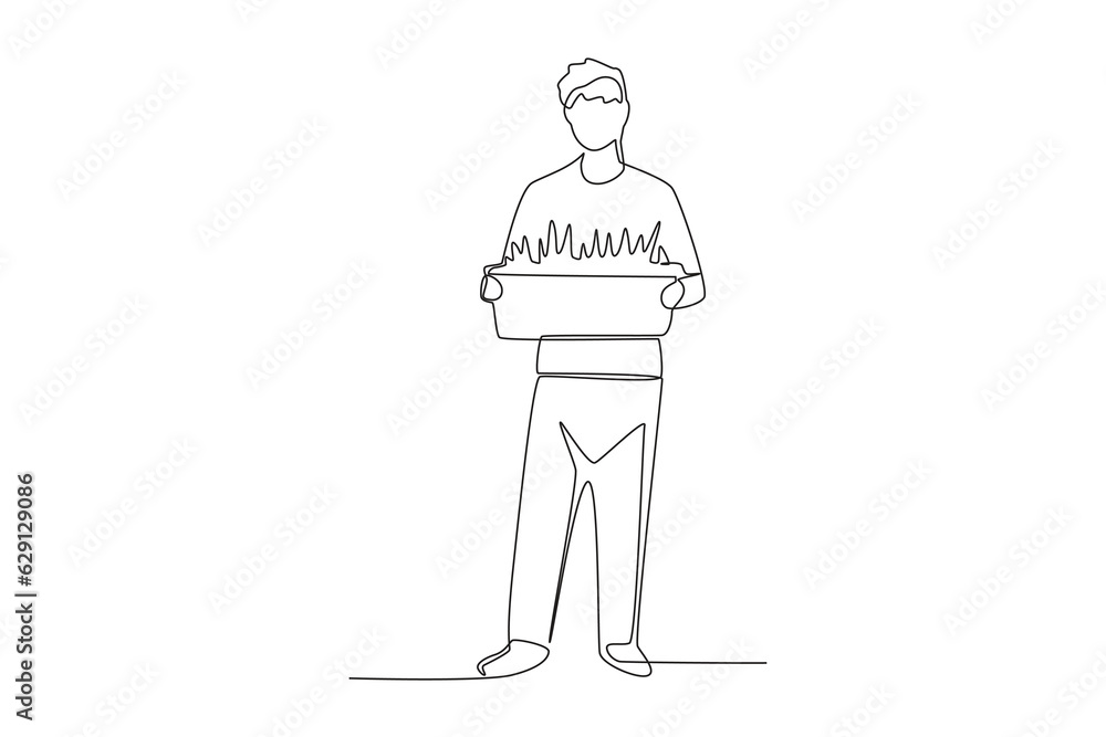 Fototapeta premium Continuous one line drawing a male farmers are carrying plant seeds to be planted 