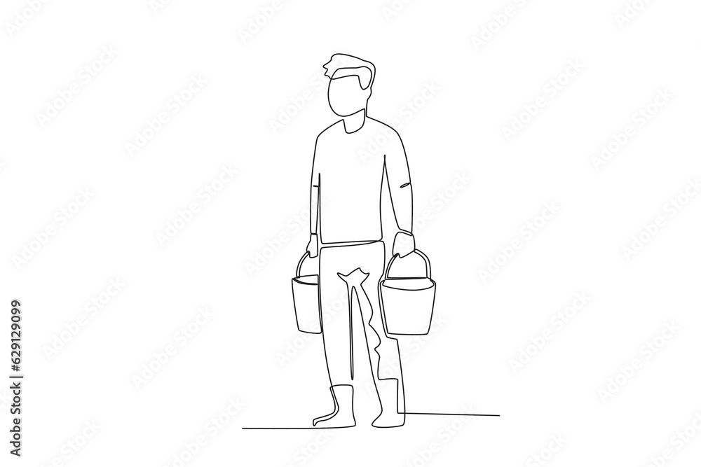 Obraz premium Continuous one line drawing a male farmer carrying cow_s milk from his fraction 