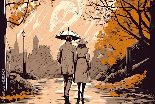 Beautiful young couple walking in the autumn rain, retro post-card in pop-art style colorful illustration. Generative AI