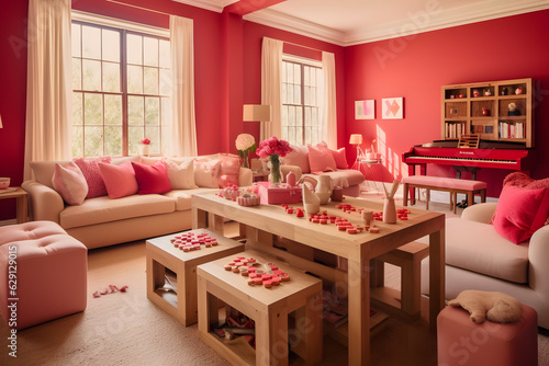 Interior design  3D rendering  a pink and red room with hearts and beige couches and wood tables  natural light. Generative AI