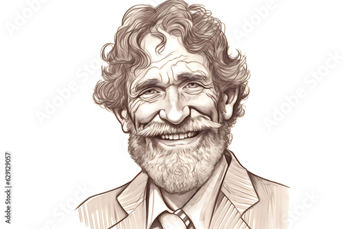 A wise and distinguished Caucasian businessman, with a salt-and-pepper beard and a warm, approachable smile. Hand drawn pencil illustration. Generative AI