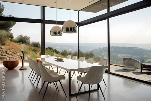Airy dining room with a minimalist table, stylish chairs, and panoramic views of the surrounding landscape. Generative AI © Mihai Zaharia