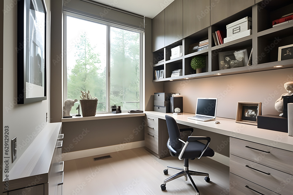 Contemporary home office with a clean desk, ergonomic chair, and ample storage, bathed in natural light. Generative AI