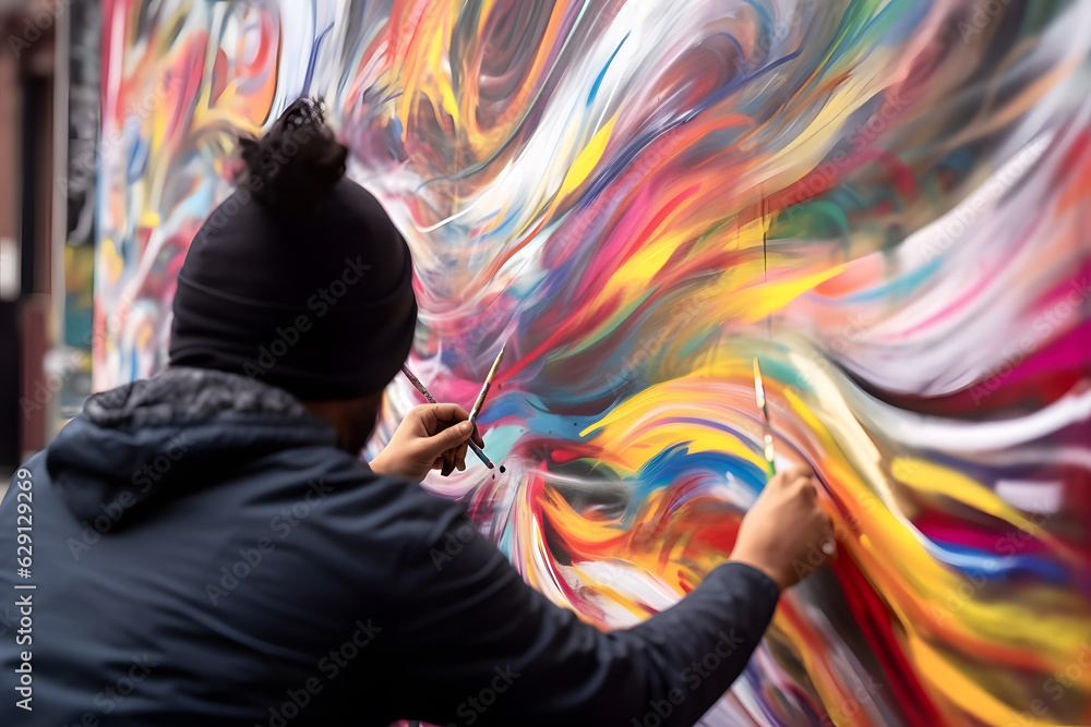 Fototapeta premium Motion blur image of a street artist painting a mural with dynamic strokes, capturing the movement and creativity in the act of creating art. Generative AI