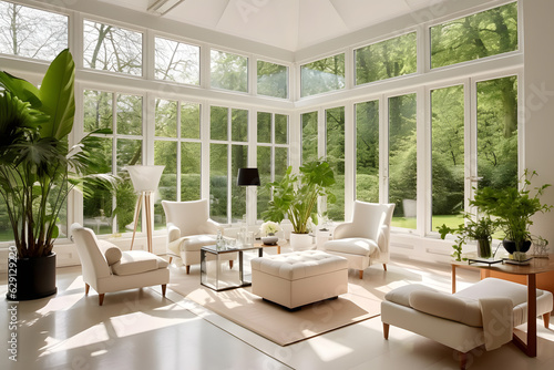 Slika na platnu Light-filled conservatory with floor-to-ceiling windows, indoor plants, and minimalist seating