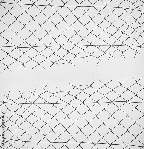 Opening in metallic net fence. isolated on white background. Challenge. uncertainty. breakthrough concept. freedom concept. Chainlink  wire netting  wire-mesh. illustration.