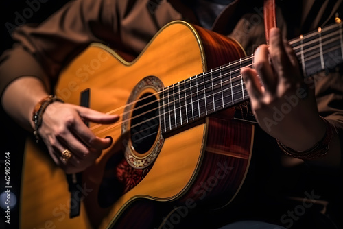 Motion blur image of a musician passionately playing a guitar, capturing the movement of their hands and the intensity of the performance. Generative AI