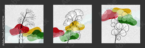Ensemble de 3 images (triptyque) formant un seul et même tableau artistique composé de 3 plantes : Bambou, Ginkgo et Eucalyptus.
