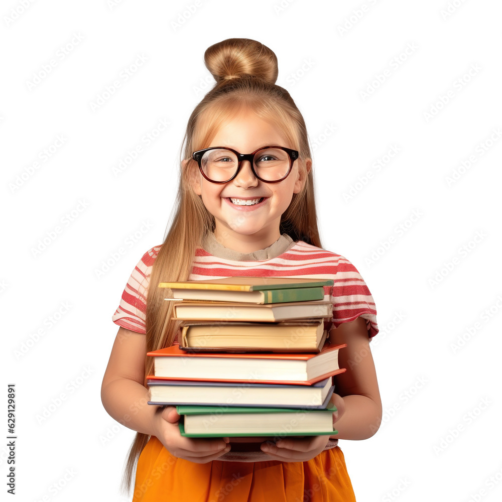 funny smiling child school girl with glasses hold books funny smiling child school girl with glasses hold books