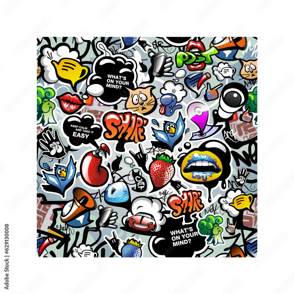 Graffiti seamless 100% tileable stylized cartoon design with social media signs and other shiny icons. Vector